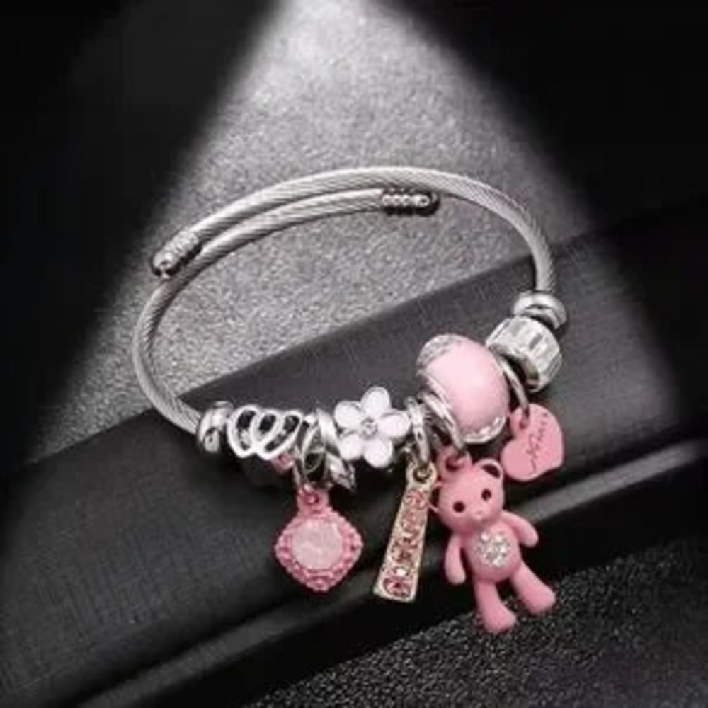 Pink Charm Bangle Bracelet Bear Heart Flower Charm Bracelet
